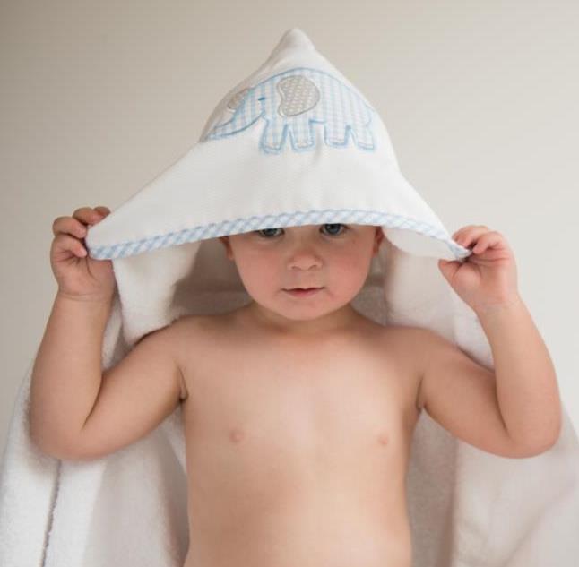 Cotton terry hooded towel for toddler to little kids with a blue gingham check and gray dot elephant applique, 3 Marthas
