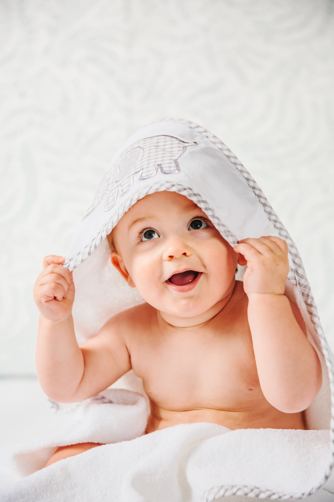 Cotton terry hooded towel and washcloth for baby to toddlers with a gray gingham check and gray dot elephant applique, 3 Marthas