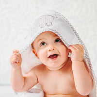Cotton terry hooded towel and washcloth for baby to toddlers with a gray gingham check and gray dot elephant applique, 3 Marthas