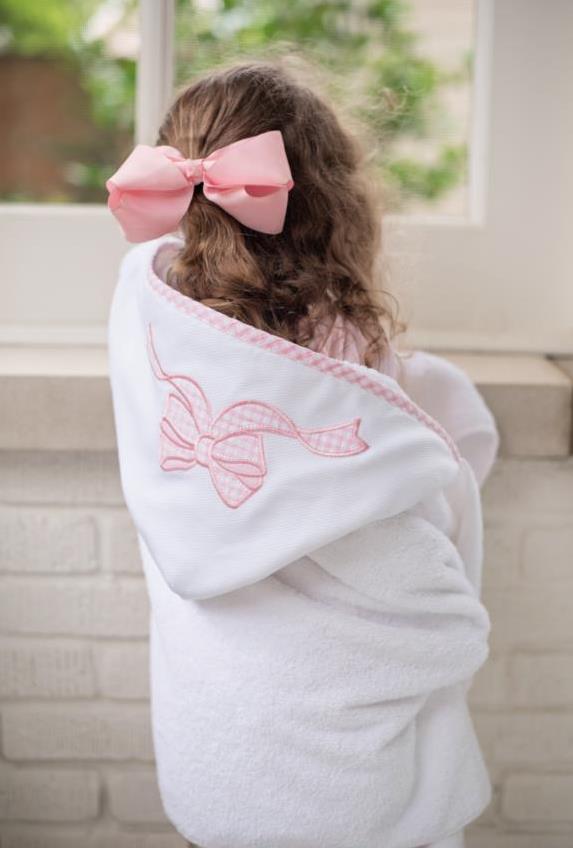 Cotton terry hooded towel for toddler to little kids with a pink gingham check bow applique on the hood, 3 Marthas