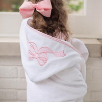 Cotton terry hooded towel for toddler to little kids with a pink gingham check bow applique on the hood, 3 Marthas