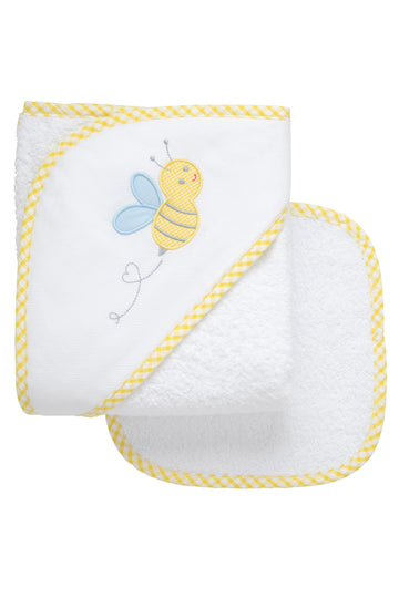 Cotton terry hooded towel and washcloth for baby to toddlers with a yellow gingham check bee applique with blue wings on the hood, 3 Marthas