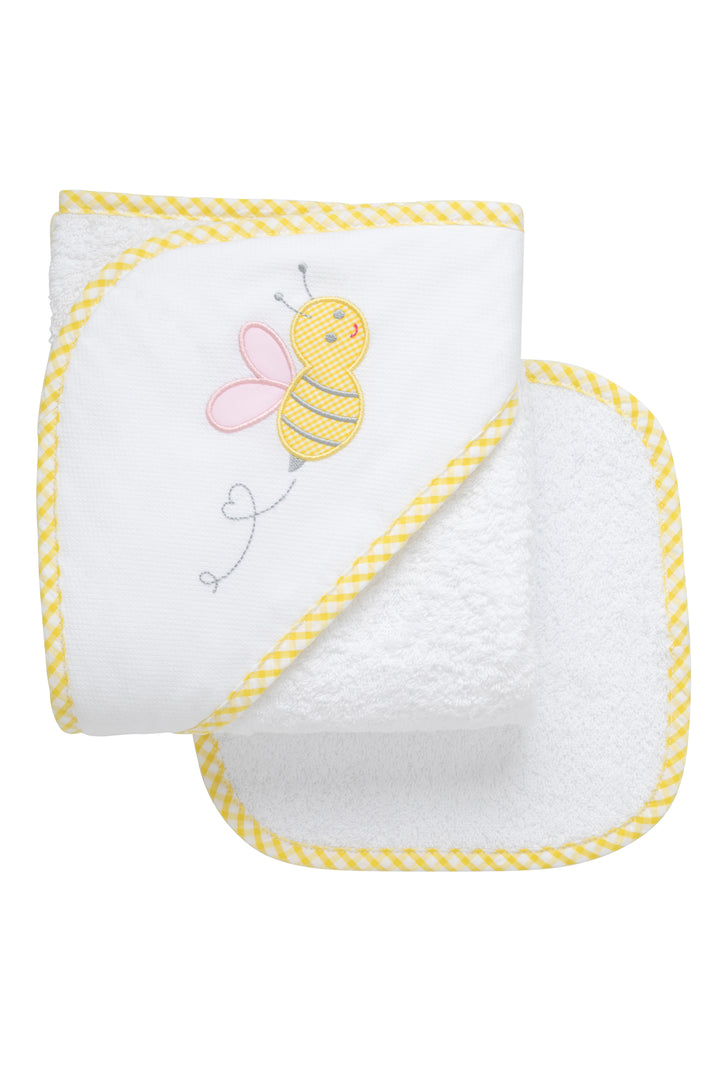 Cotton terry hooded towel and washcloth for baby to toddlers with a yellow gingham check bee applique with pink wings on the hood, 3 Marthas