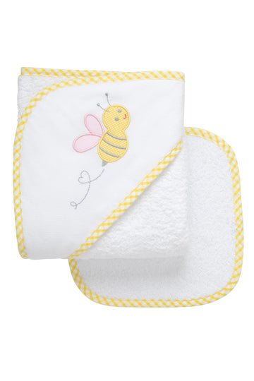 Cotton terry hooded towel and washcloth for baby to toddlers with a yellow gingham check bee applique with pink wings on the hood, 3 Marthas