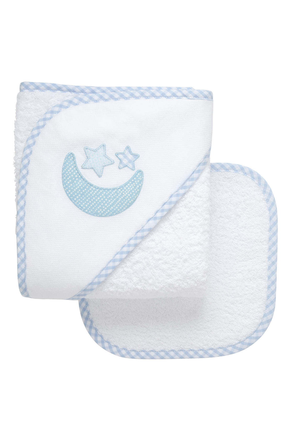 Cotton terry hooded towel and washcloth for baby to toddlers with blue crescent moon and gingham check star appliques, 3 Marthas