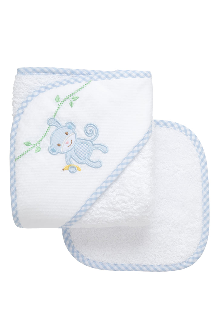 Cotton terry hooded towel and washcloth for baby to toddlers with a blue seersucker and gingham check monkey applique on the hood, 3 Marthas