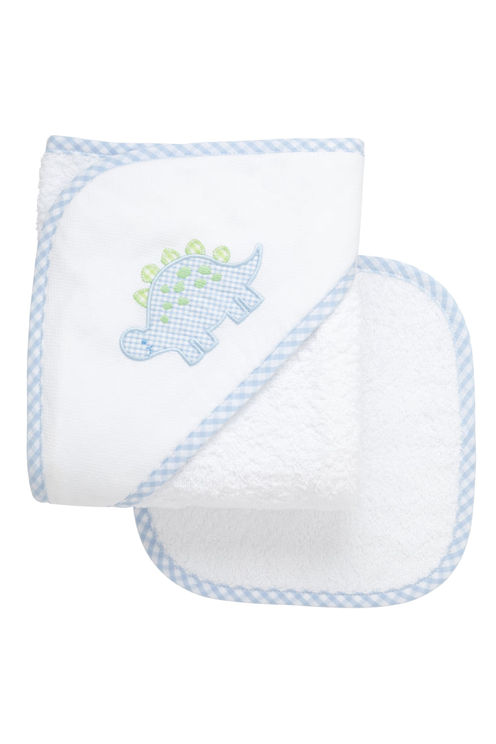 Cotton terry hooded towel and washcloth for baby to toddlers with a blue and green gingham check dinosaur applique, 3 Marthas