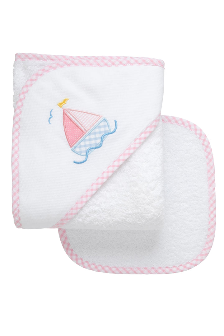 Cotton terry hooded towel and washcloth for baby to toddlers with a pink and blue sailboat applique on the hood, 3 Marthas