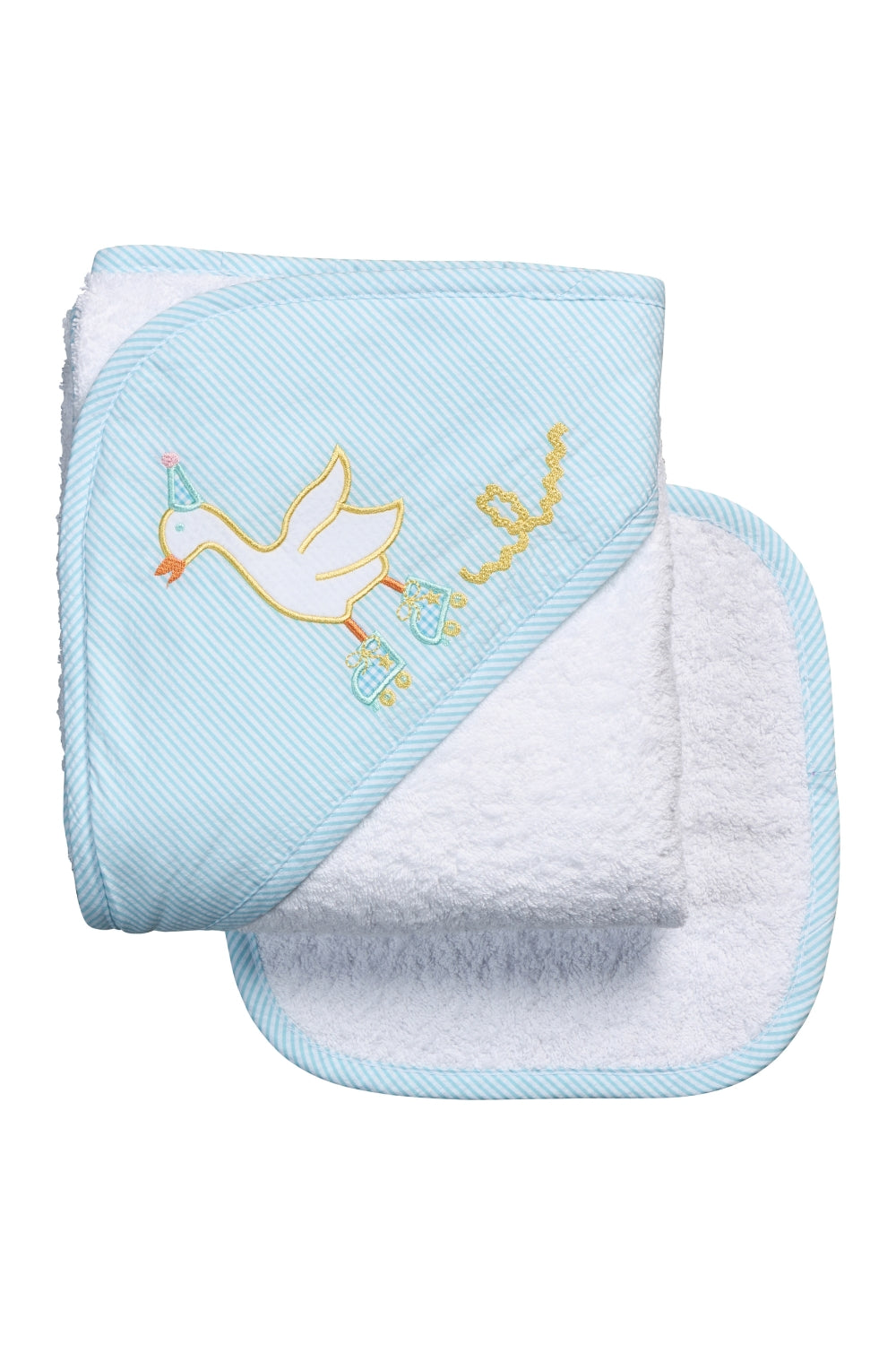 Baby hooded towel with embroidered goose on skates on a aqua stripe background, 3 Marthas