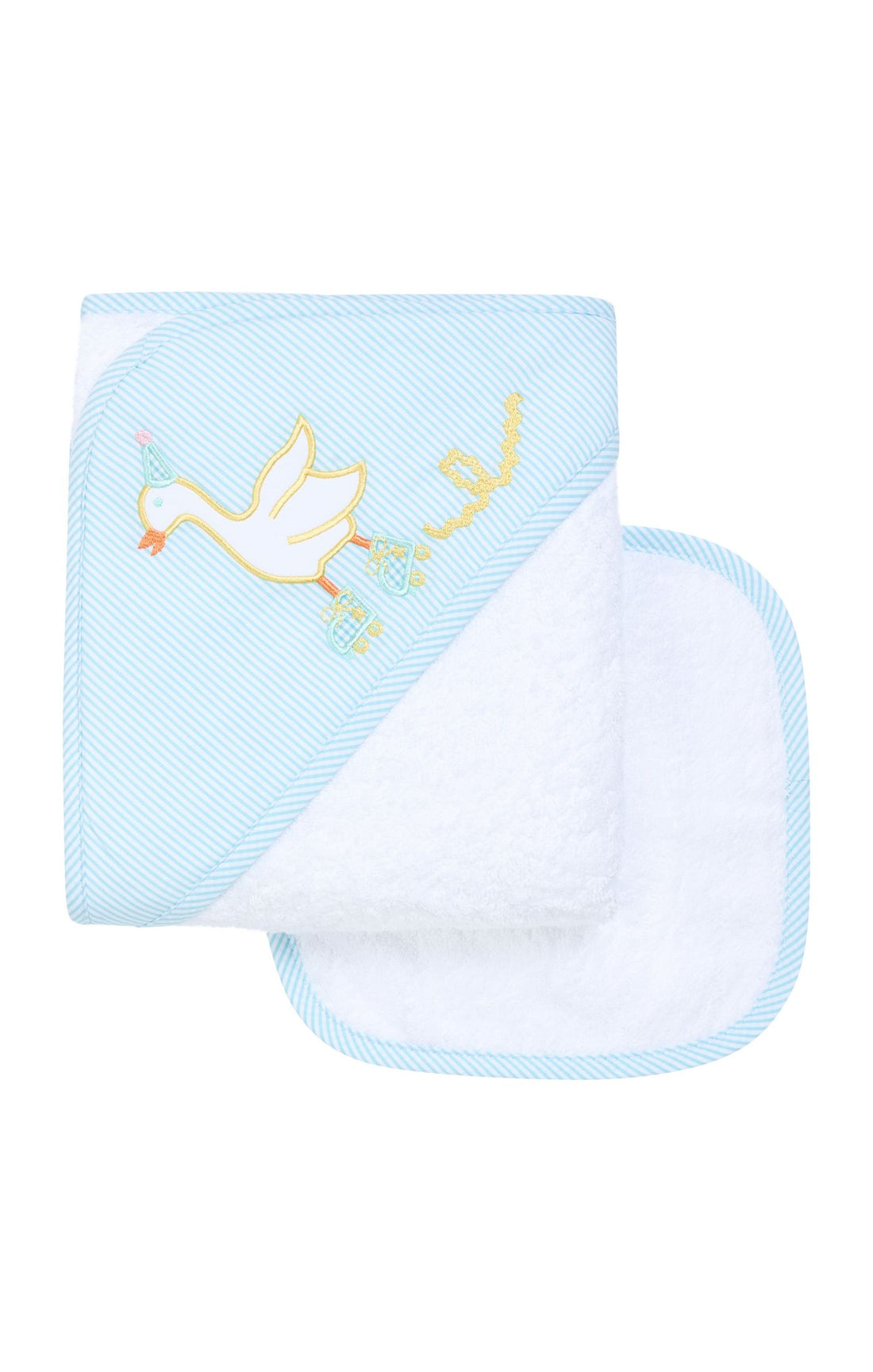 Baby hooded towel with embroidered goose on skates on a aqua stripe background, 3 Marthas