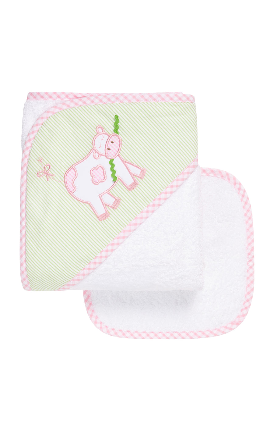 Cow Applique Hooded Towel & Washcloth Set, Pink