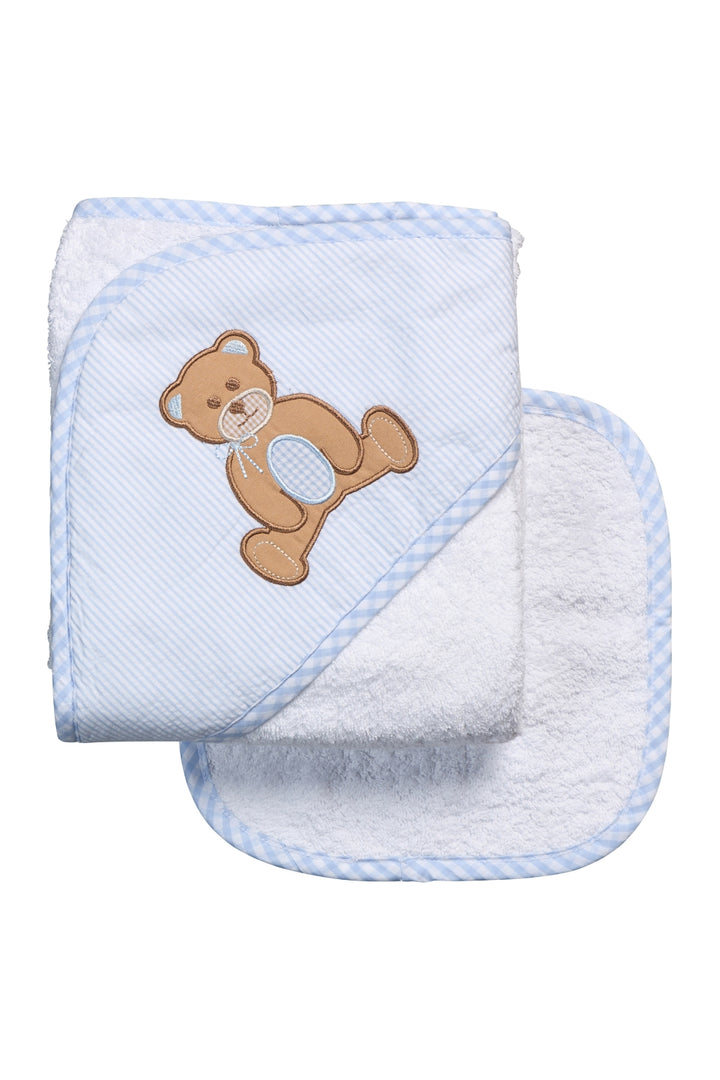 Cotton terry hooded towel and washcloth for baby to toddlers with a teddy bear applique on a blue background, 3 Marthas