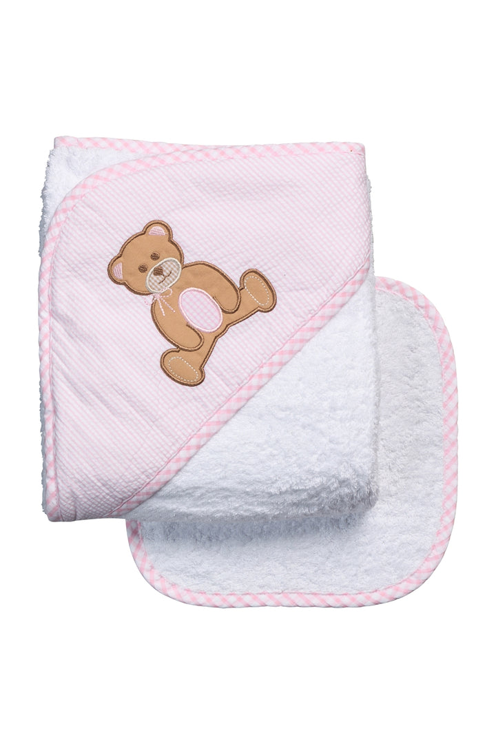 Pink and white baby hooded towel with a brown teddy bear design on a pink stripe background, 3 Marthas