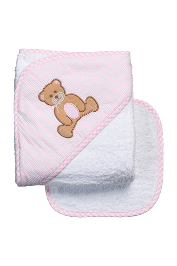 Pink and white baby hooded towel with a brown teddy bear design on a pink stripe background, 3 Marthas