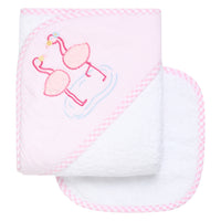 Baby hooded towel with pink flamingo, 3 Marthas