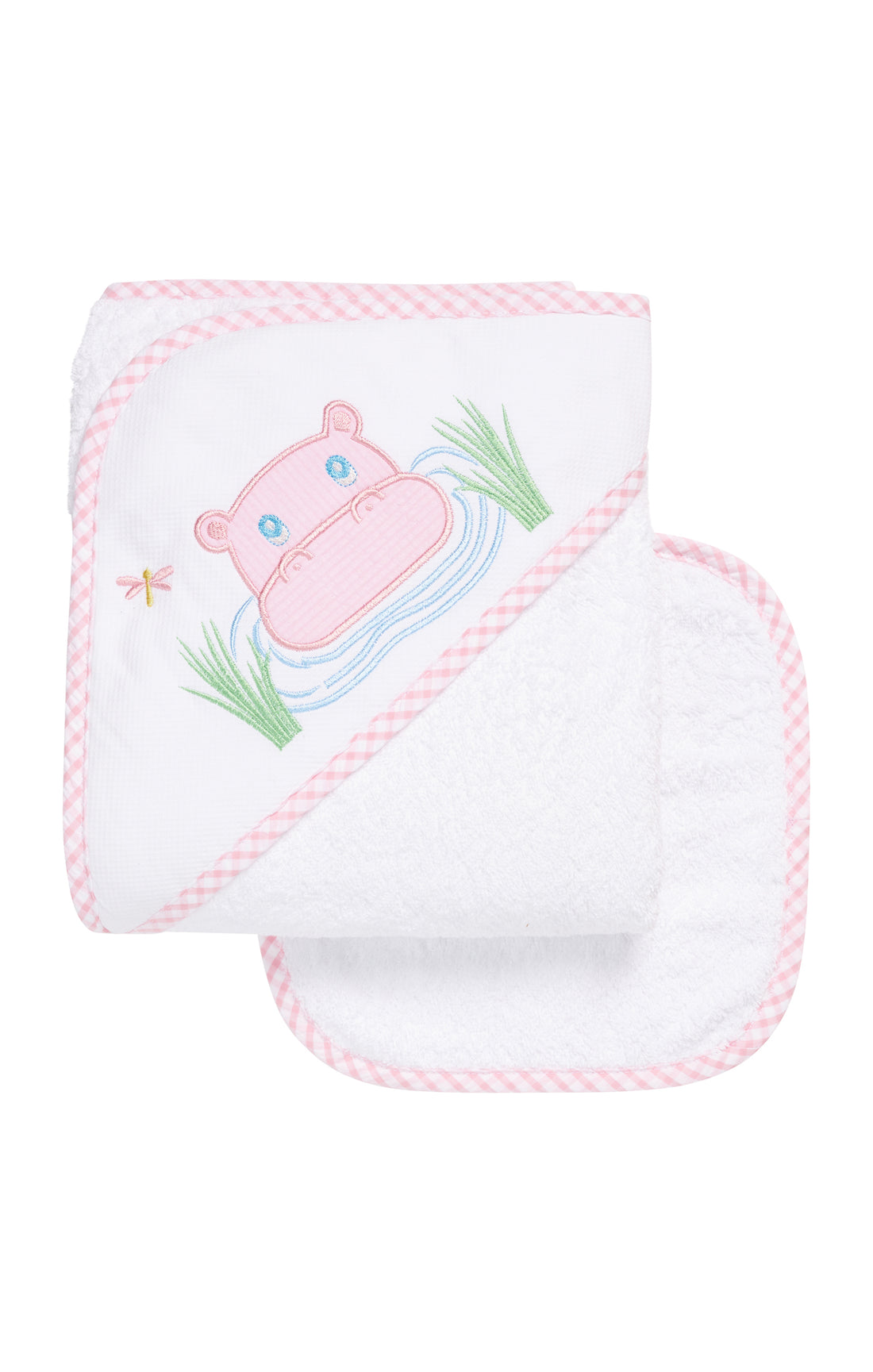 Hooded towel for baby with pink hippo, 3 Marthas