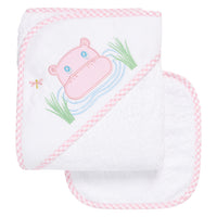 Hooded towel for baby with pink hippo, 3 Marthas