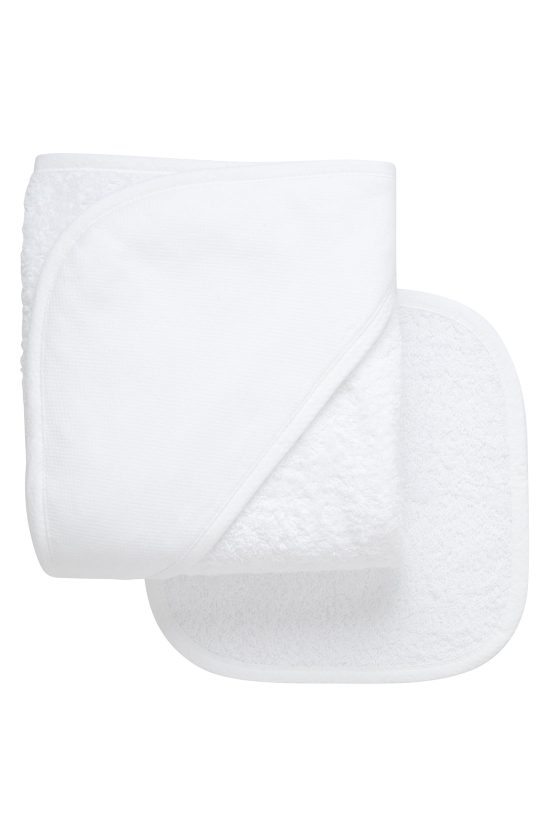 Cotton terry hooded towel and washcloth for baby to toddlers with white seersucker stripe trimmed hood, 3 Marthas