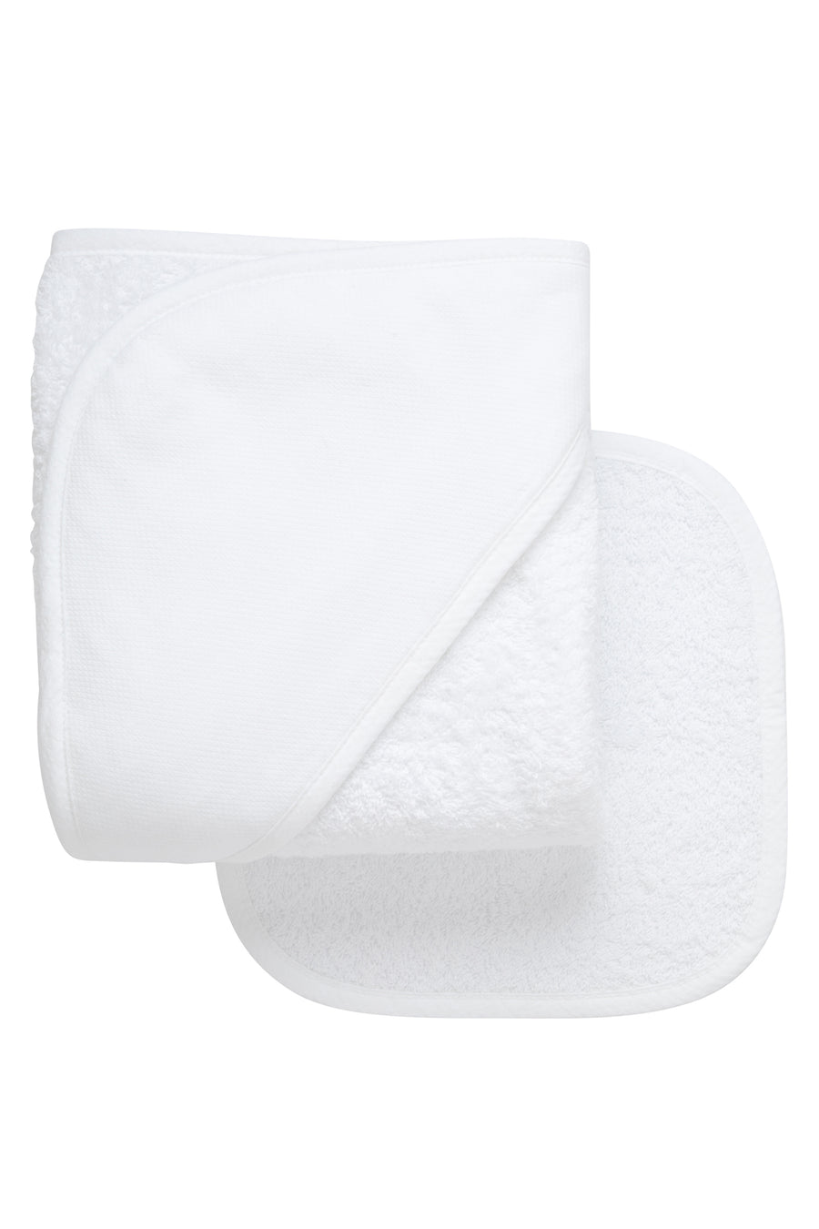 Cotton terry hooded towel and washcloth for baby to toddlers with white seersucker stripe trimmed hood, 3 Marthas