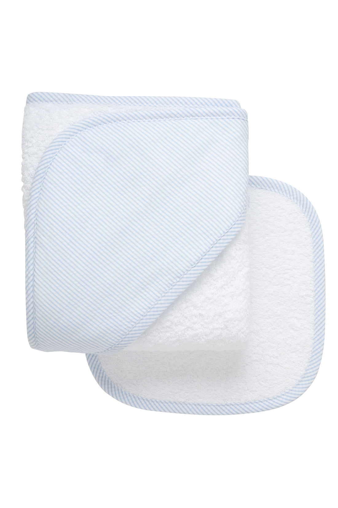 Cotton terry hooded towel and washcloth for baby to toddlers with blue seersucker stripe hood, 3 Marthas