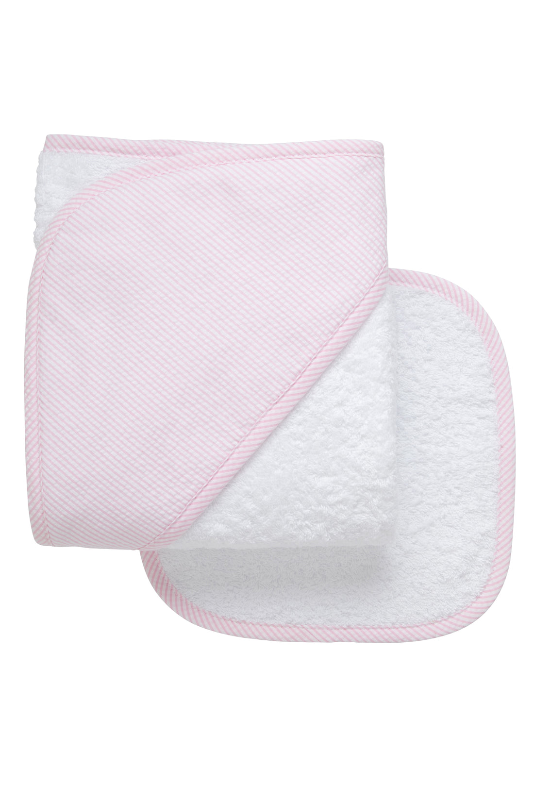 Cotton terry hooded towel and washcloth for baby to toddlers with pink seersucker stripe hood, 3 Marthas