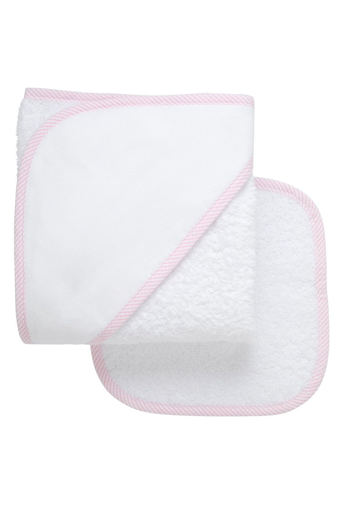 Cotton terry hooded towel and washcloth for baby to toddlers with pink seersucker stripe trimmed hood, 3 Marthas