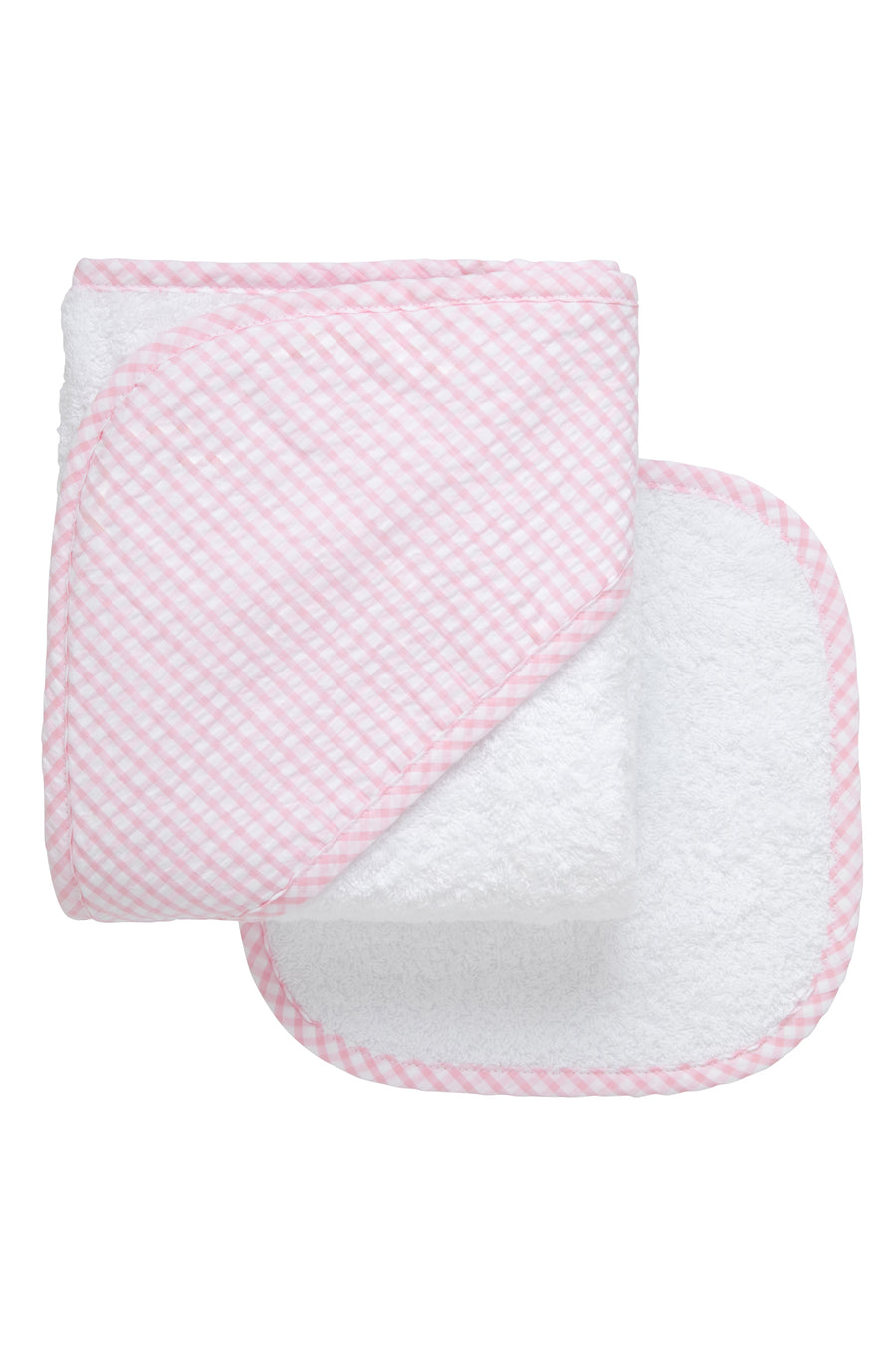 Cotton terry hooded towel and washcloth for baby to toddlers with pink gingham check hood, 3 Marthas