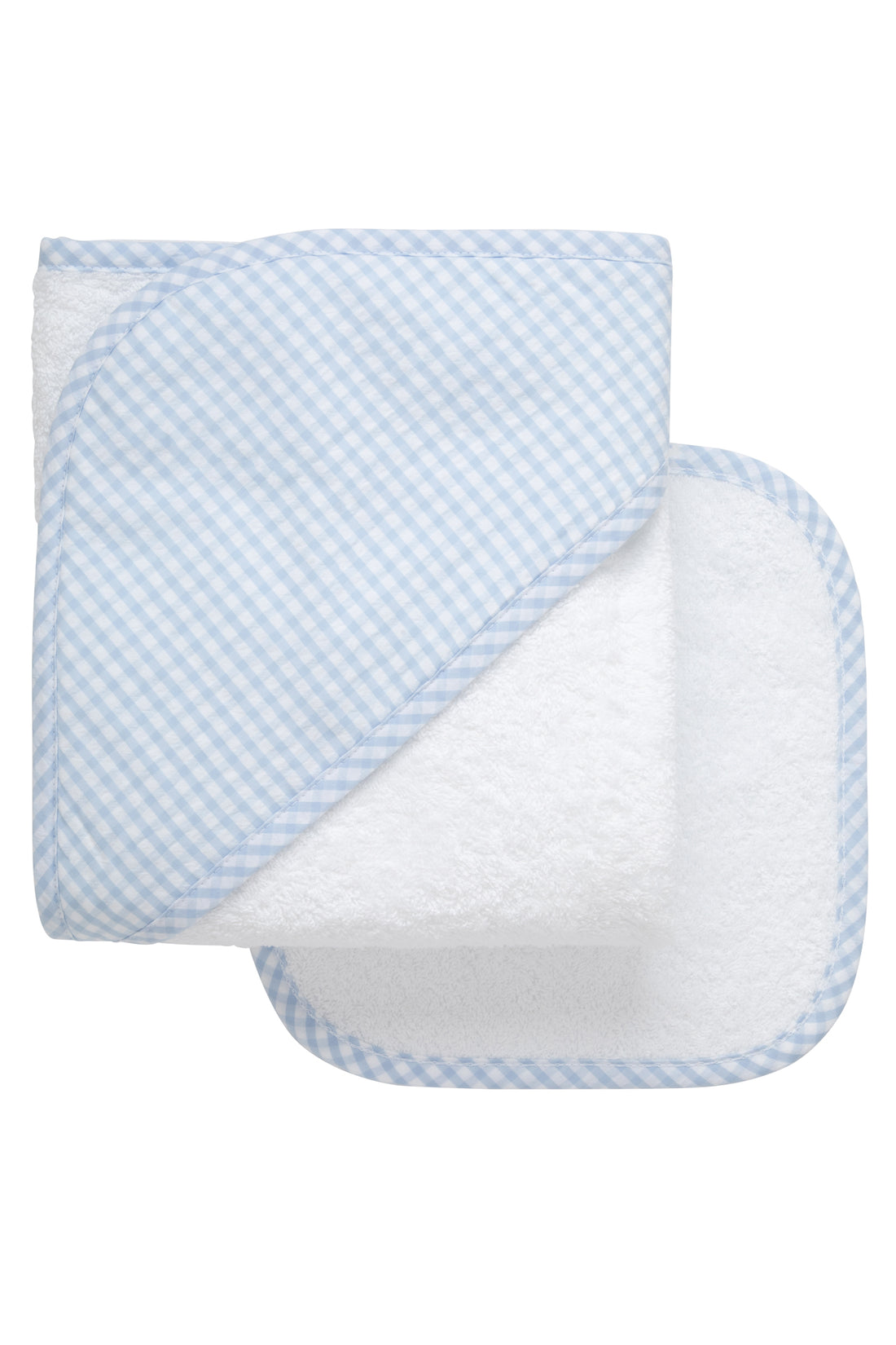 Cotton terry hooded towel and washcloth for baby to toddlers with blue gingham check hood, 3 Marthas