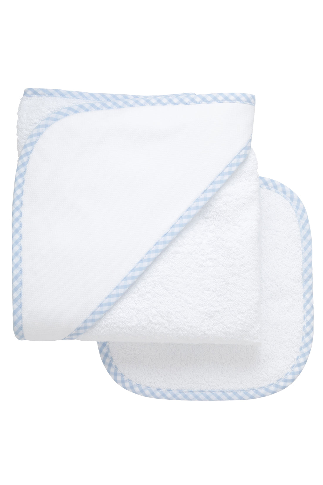 Cotton terry hooded towel and washcloth for baby to toddlers with blue gingham check trimmed hood, 3 Marthas
