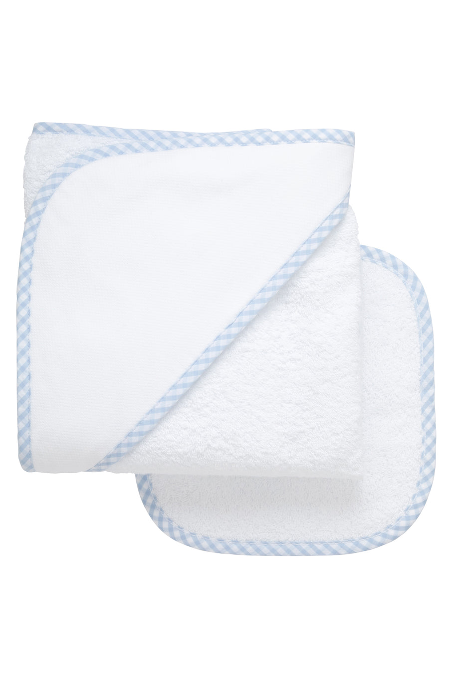 Cotton terry hooded towel and washcloth for baby to toddlers with blue gingham check trimmed hood, 3 Marthas
