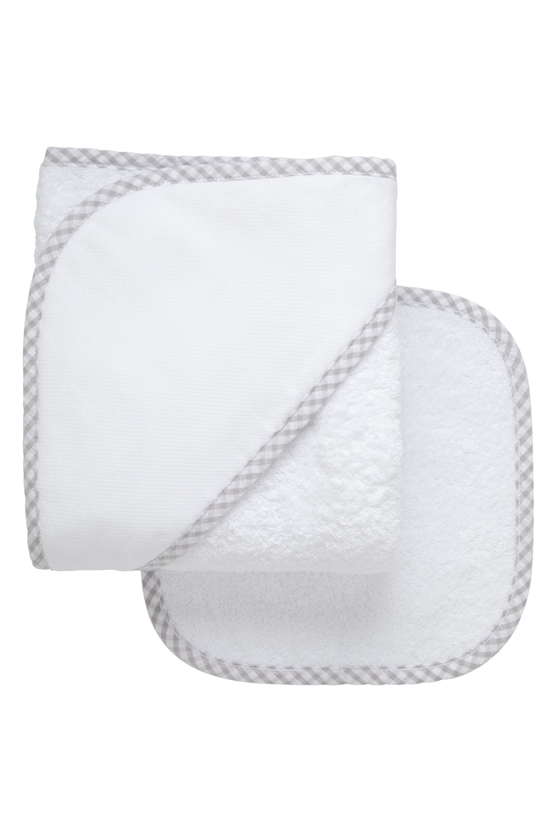 Cotton terry hooded towel and washcloth for baby to toddlers with gray gingham check trimmed hood, 3 Marthas