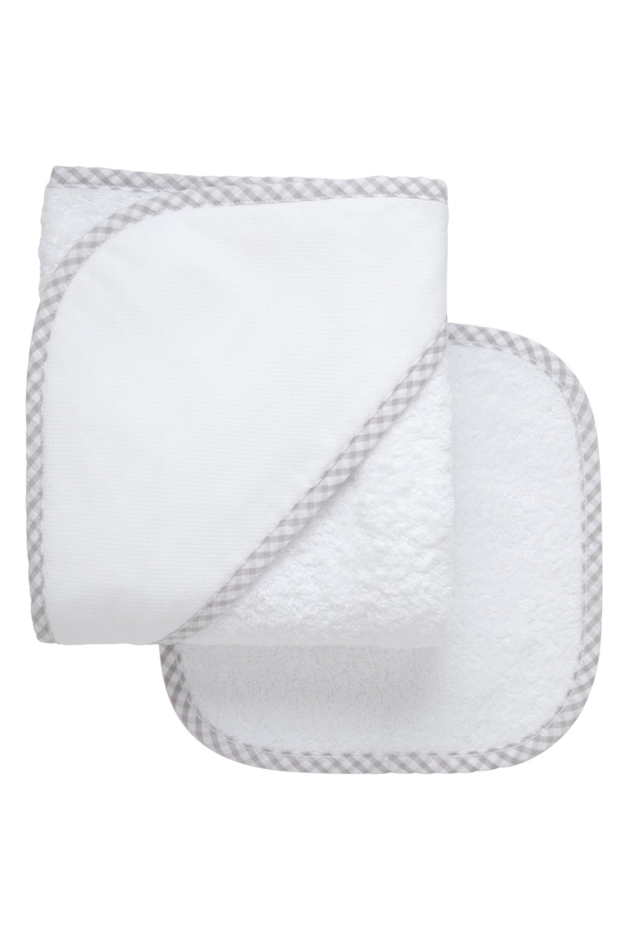 Cotton terry hooded towel and washcloth for baby to toddlers with gray gingham check trimmed hood, 3 Marthas