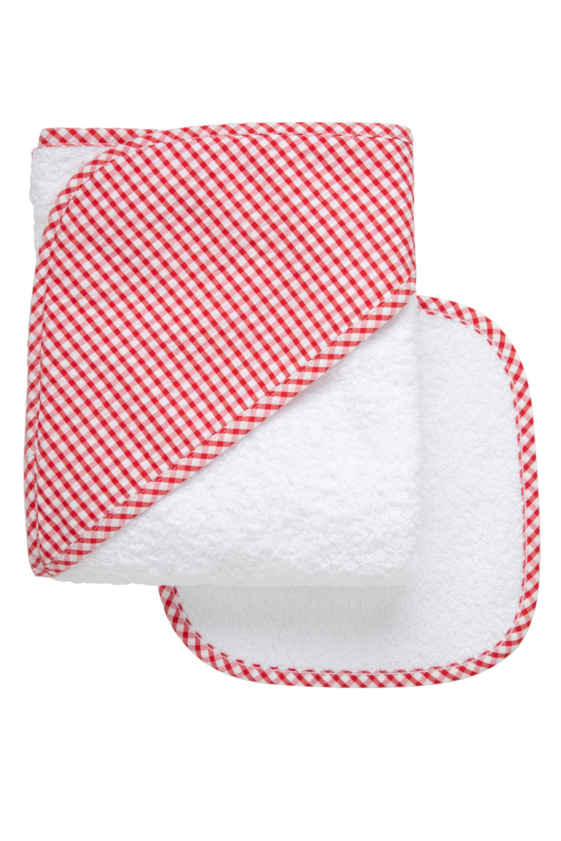 Cotton terry hooded towel and washcloth for baby to toddlers with red gingham check hood, 3 Marthas