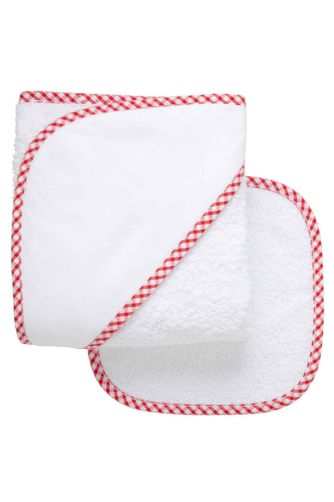 Cotton terry hooded towel and washcloth for baby to toddlers with red gingham check trimmed hood, 3 Marthas