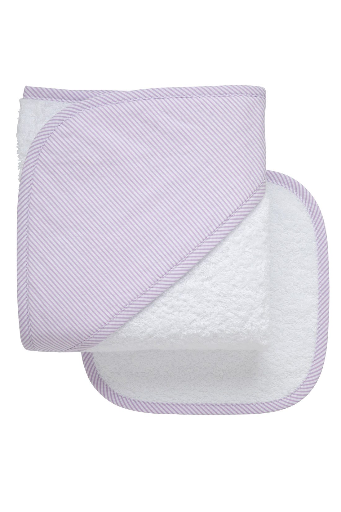 Cotton terry hooded towel and washcloth for baby to toddlers with lilac seersucker stripe hood, 3 Marthas