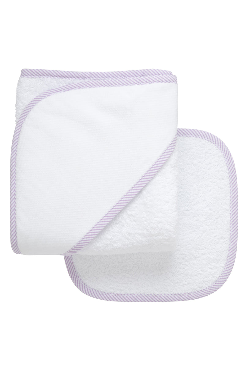 Cotton terry hooded towel and washcloth for baby to toddlers with lilac seersucker stripe trimmed hood, 3 Marthas