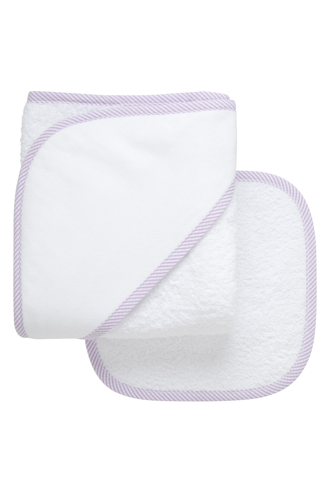 Cotton terry hooded towel and washcloth for baby to toddlers with lilac seersucker stripe trimmed hood, 3 Marthas