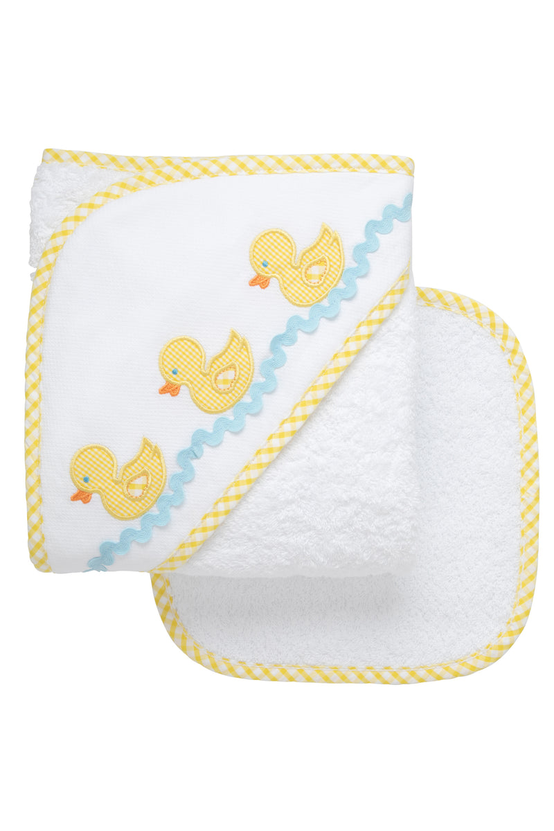 Cotton terry hooded towel and washcloth for baby to toddlers with three yellow gingham check duck appliques with blue ric rac, 3 Marthas