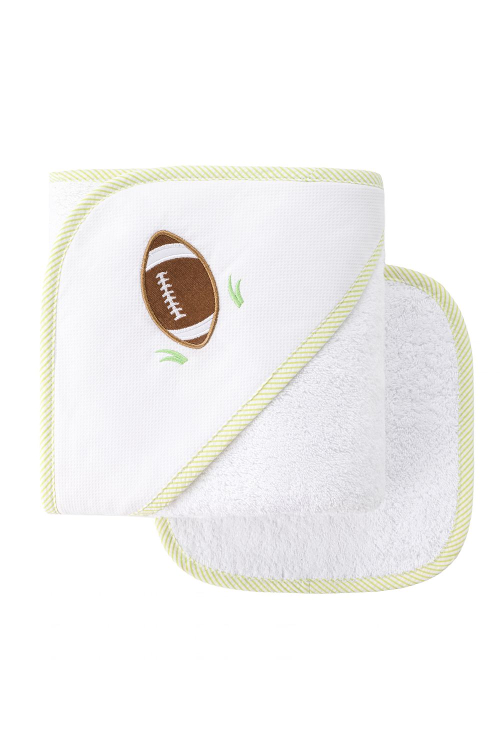 Baby hooded towels with light green trim, featuring an embroidered brown football on the front towel.