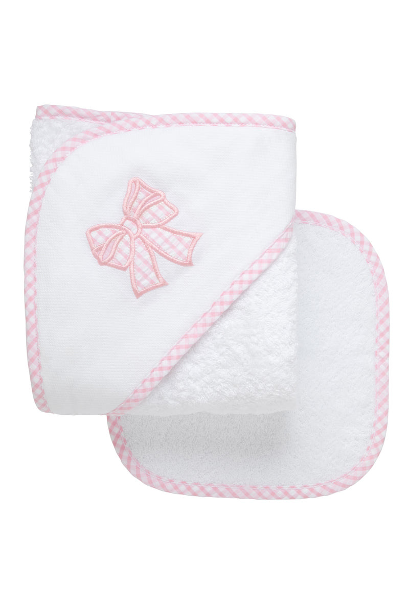 Cotton terry hooded towel and washcloth for baby to toddlers with a pink gingham check bow applique on the hood, 3 Marthas