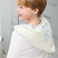 Hooded towel for children featuring a blue cow applique, 3 Marthas