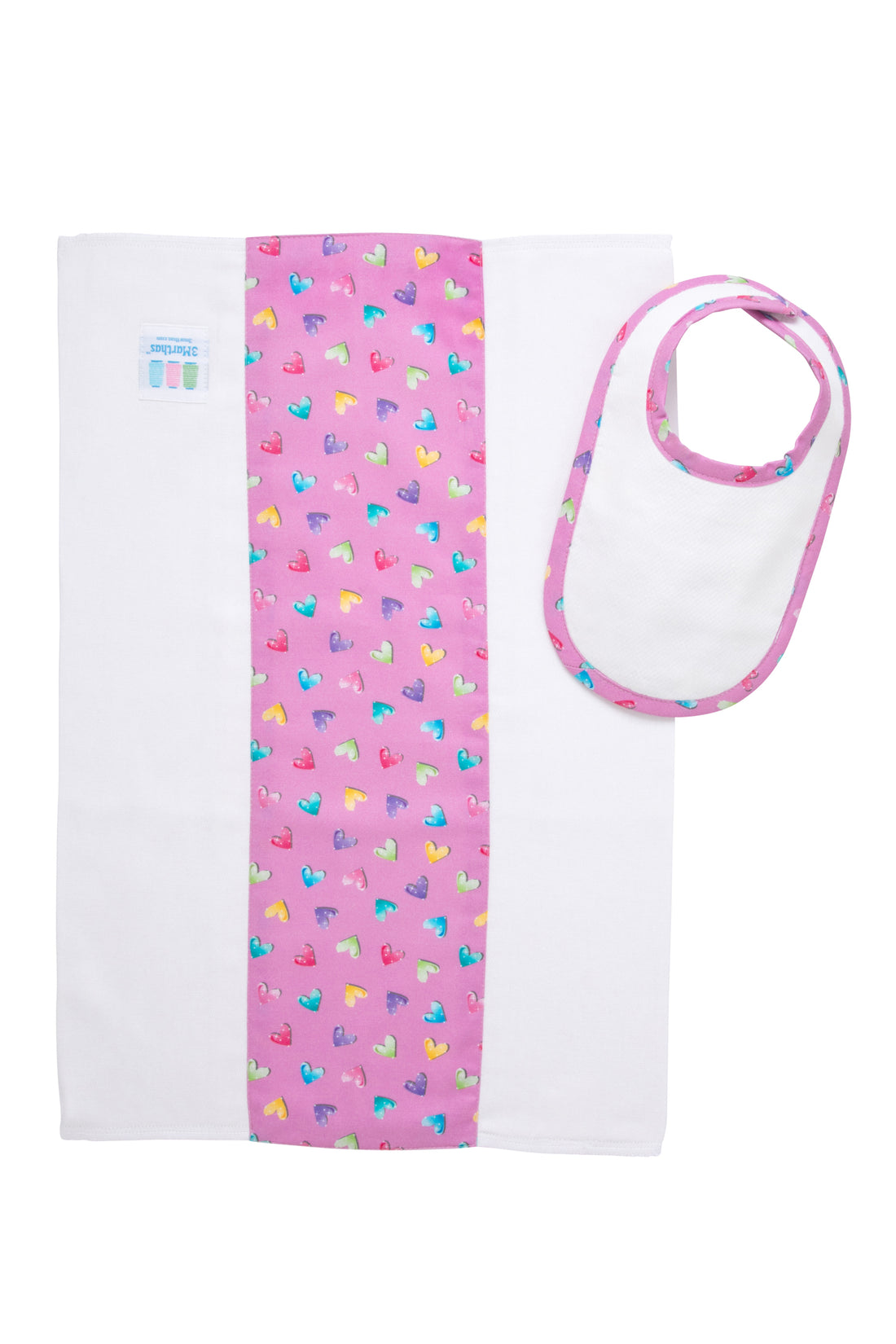 Cotton newborn bib and burp set for baby girl with multi hearts print fabric, 3 Marthas