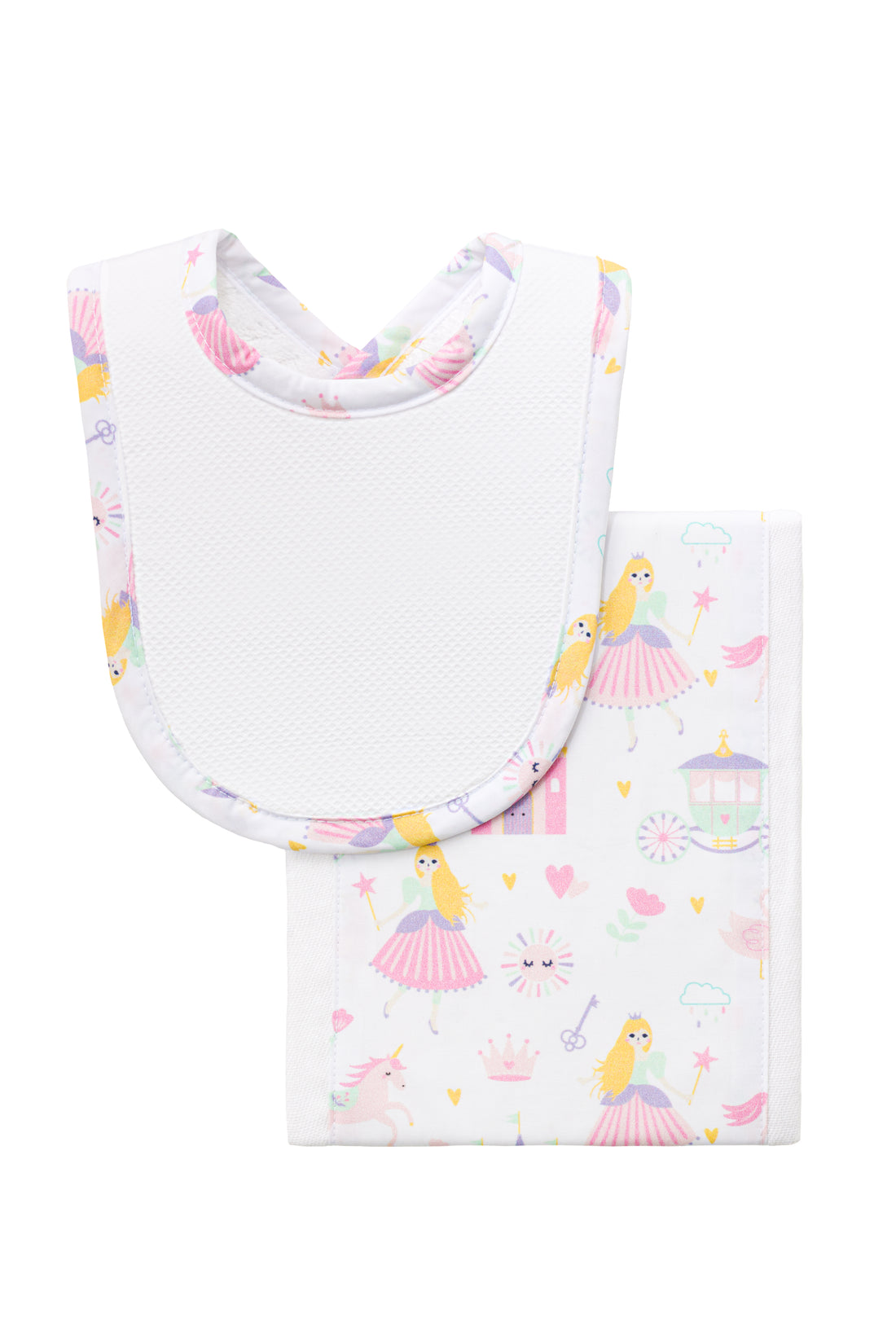 Cotton newborn bib and burp set for baby girl with princess castle print fabric, 3 Marthas