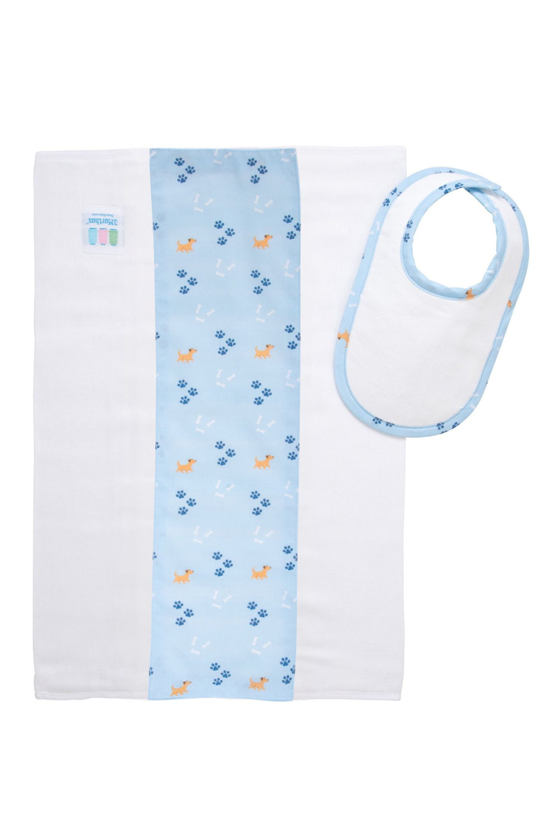 Cotton newborn bib and burp set for baby boy with blue puppy and paw print fabric, 3 Marthas