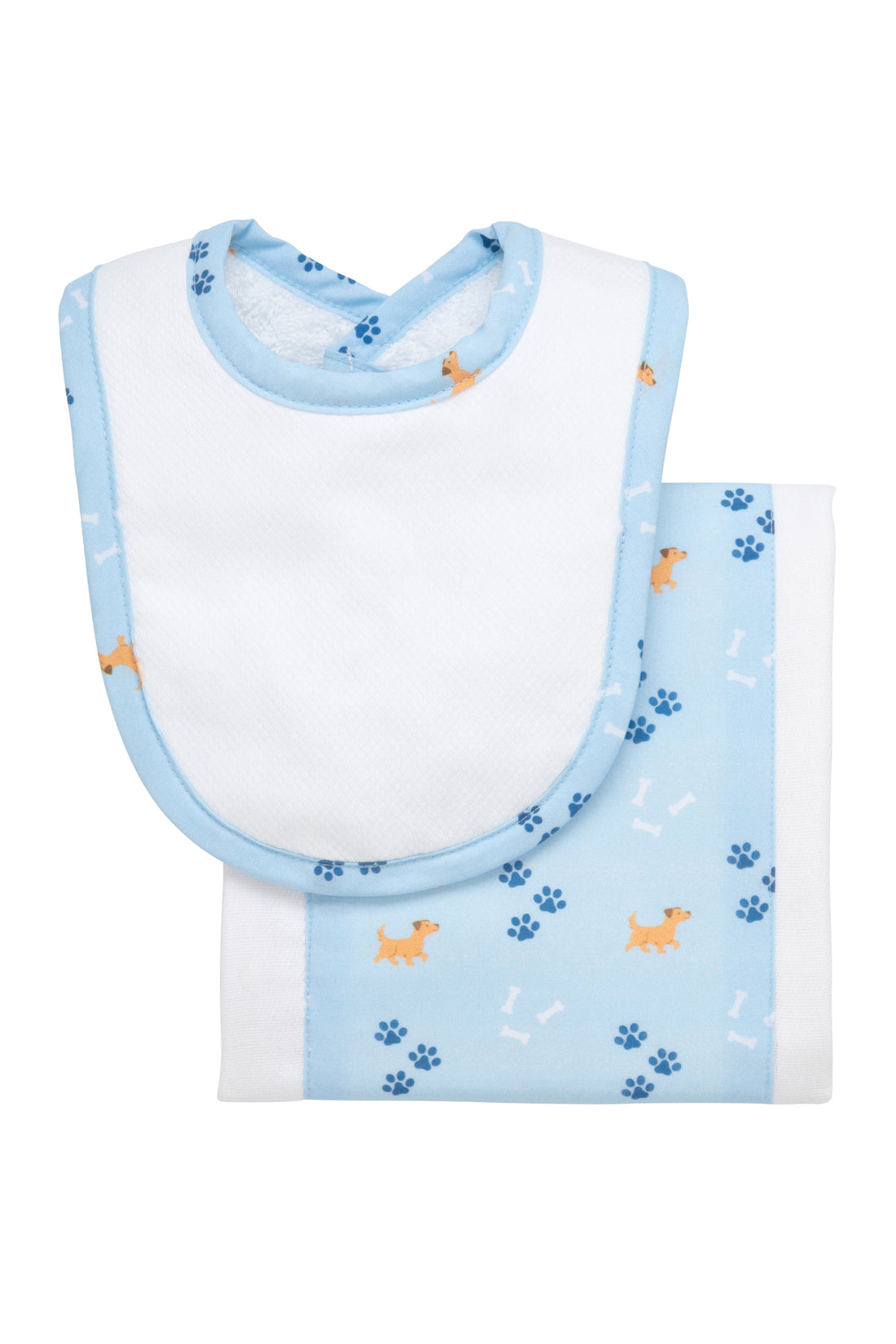 Cotton newborn bib and burp set for baby boy with blue puppy and paw print fabric, 3 Marthas