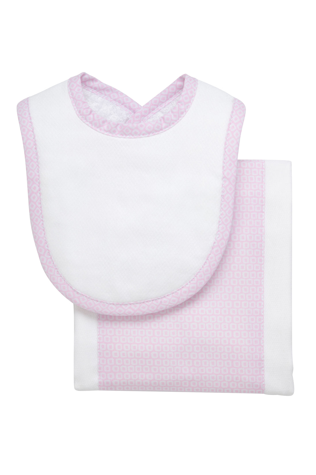 Cotton newborn bib and burp set for baby with light pink dot fabric, 3 Marthas