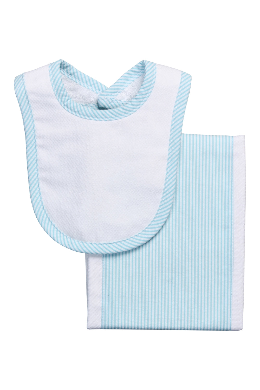 Cotton newborn bib and burp set for baby with aqua stripe fabric, 3 Marthas