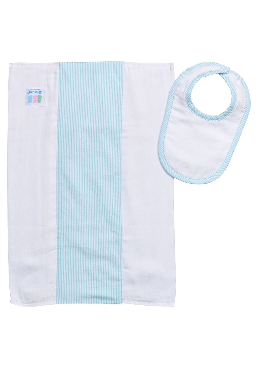 Cotton newborn bib and burp set for baby with aqua stripe fabric, 3 Marthas