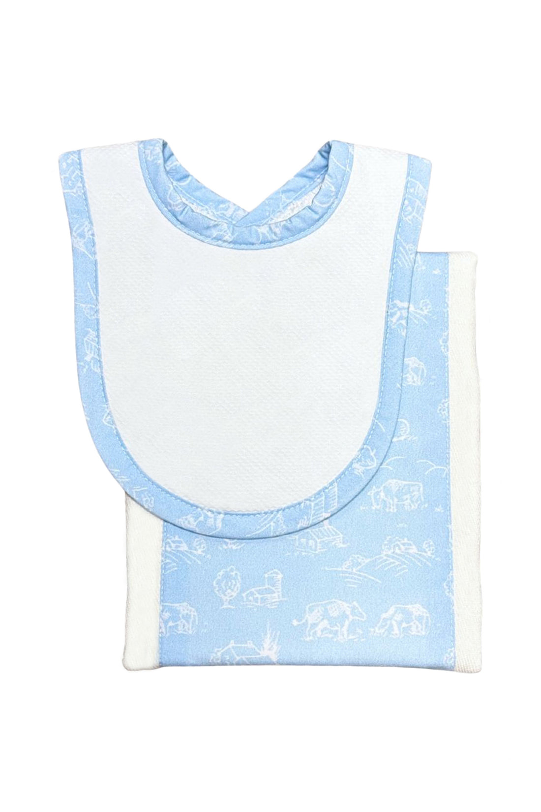 Cotton newborn bib and burp set for baby with blue cow fabric, 3 Marthas