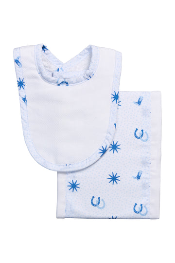 Newborn baby bib and burp cloth set with blue cowboy boot pattern, 3 Marthas